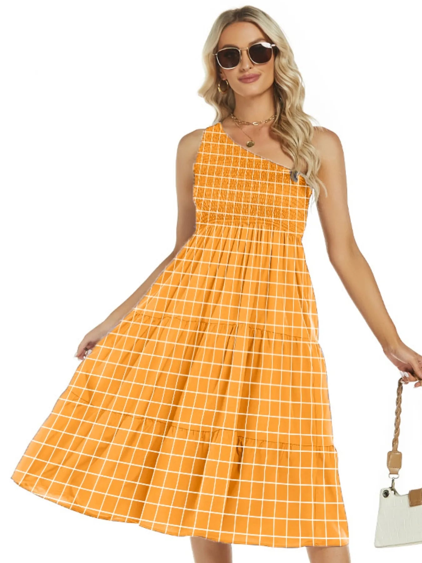 One-Shoulder Tiered Midi Dress with Smocked Bodice.