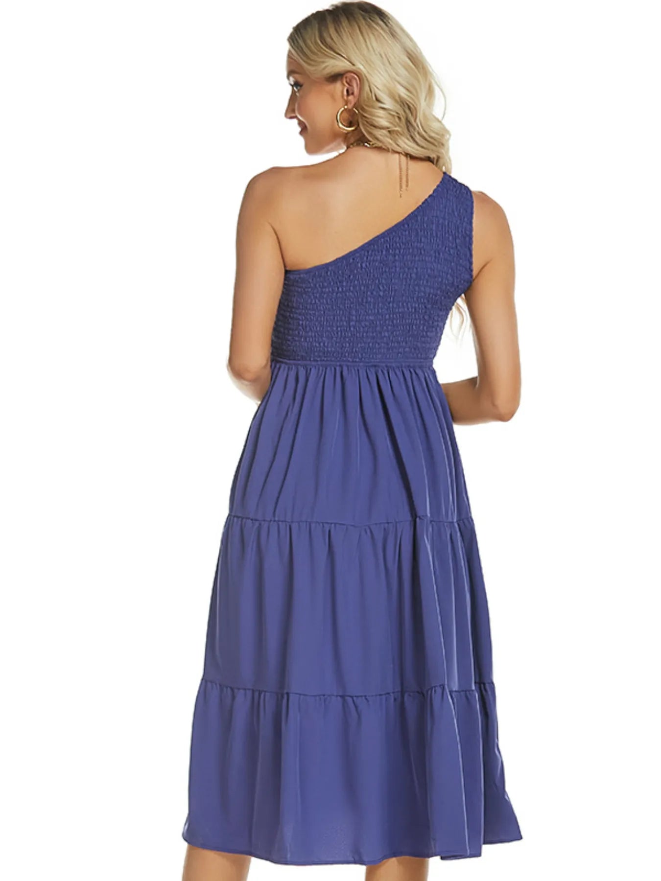 One-Shoulder Tiered Midi Dress with Smocked Bodice.