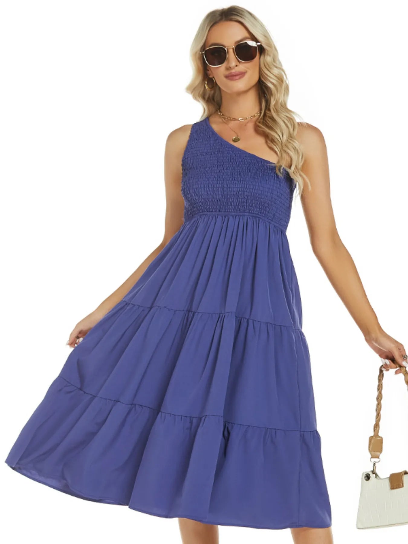 One-Shoulder Tiered Midi Dress with Smocked Bodice.