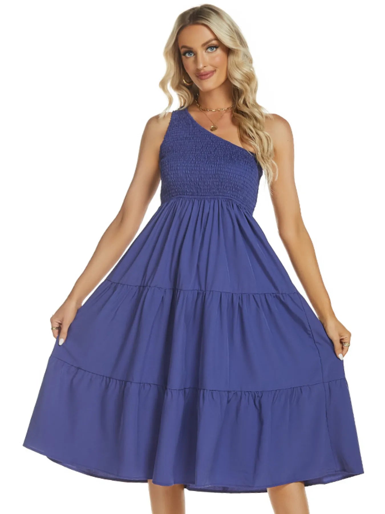 One-Shoulder Tiered Midi Dress with Smocked Bodice.