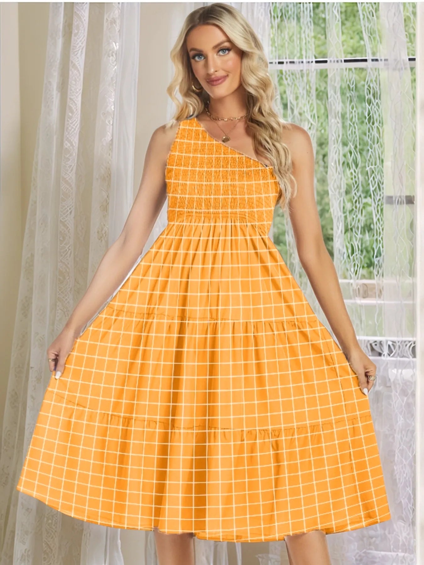 One-Shoulder Tiered Midi Dress with Smocked Bodice.