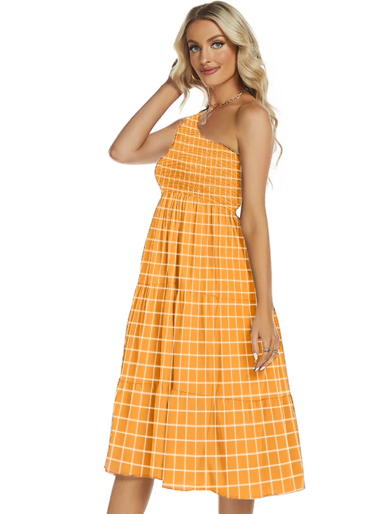 One-Shoulder Tiered Midi Dress with Smocked Bodice.