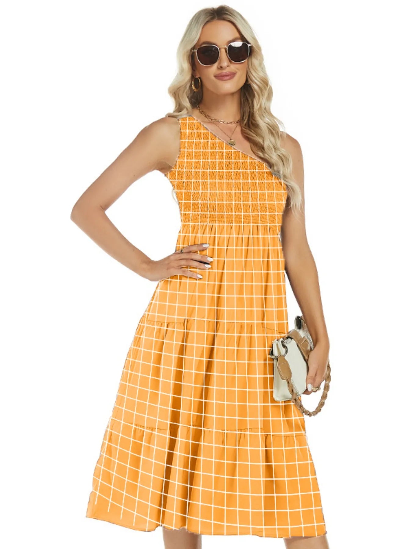 One-Shoulder Tiered Midi Dress with Smocked Bodice.