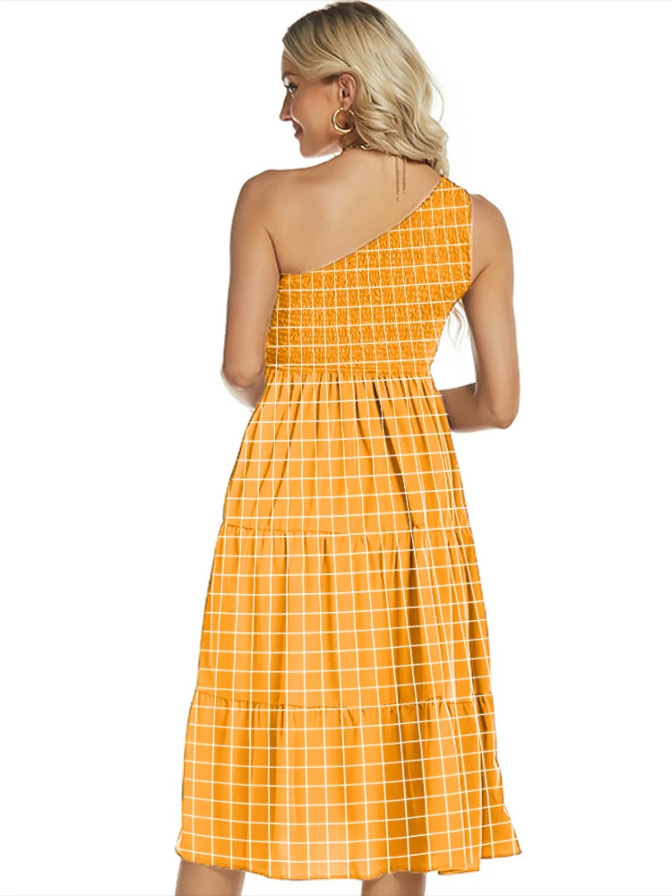 One-Shoulder Tiered Midi Dress with Smocked Bodice.