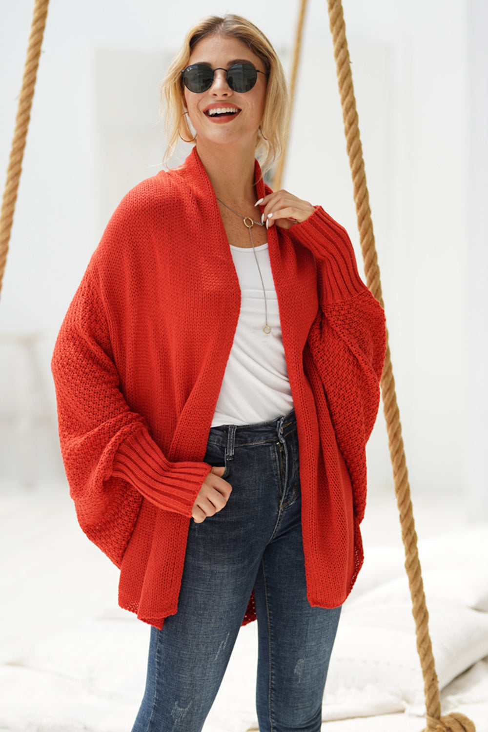 Open front batwing sleeve cardigan.