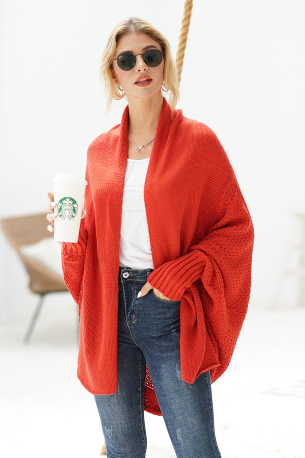 Open front batwing sleeve cardigan.