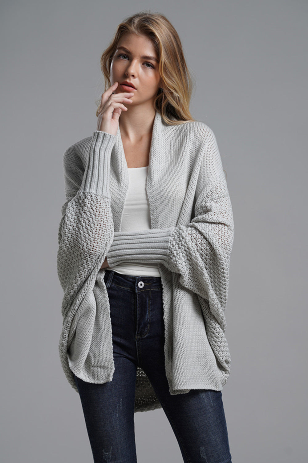 Open front batwing sleeve cardigan.
