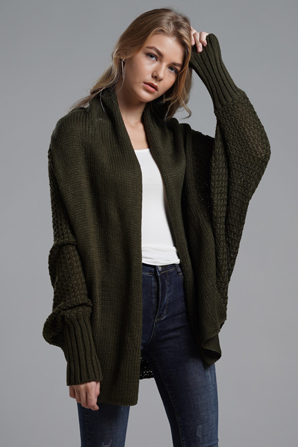 Open front batwing sleeve cardigan.