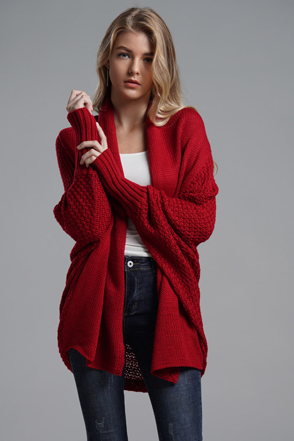 Open front batwing sleeve cardigan.