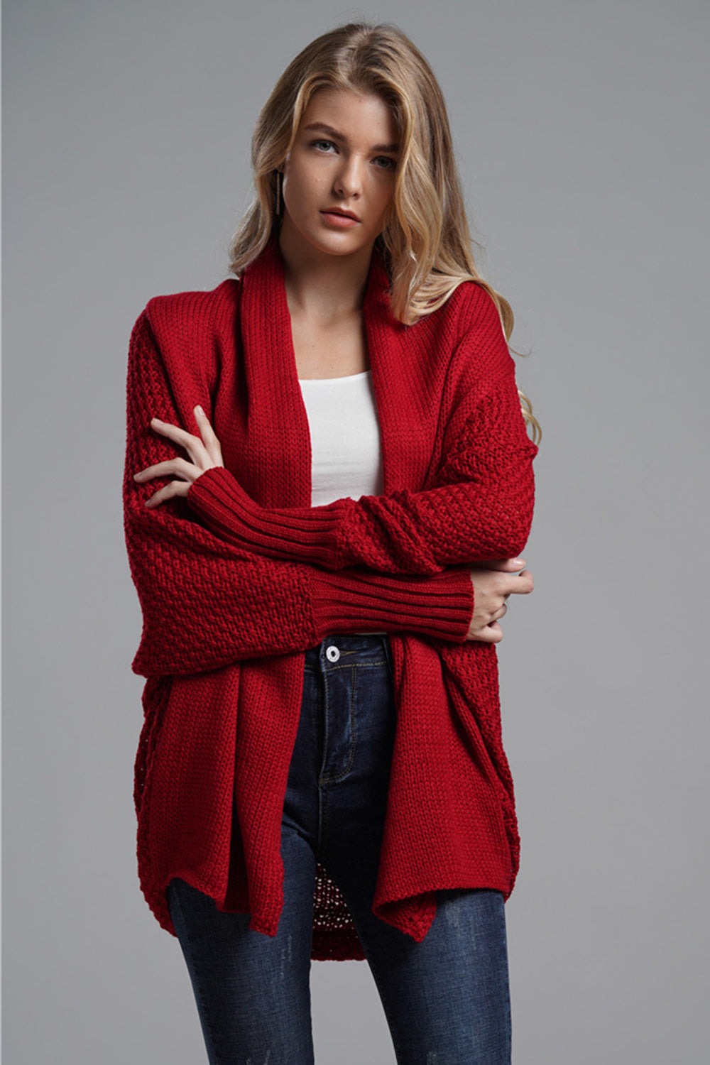 Open front batwing sleeve cardigan.