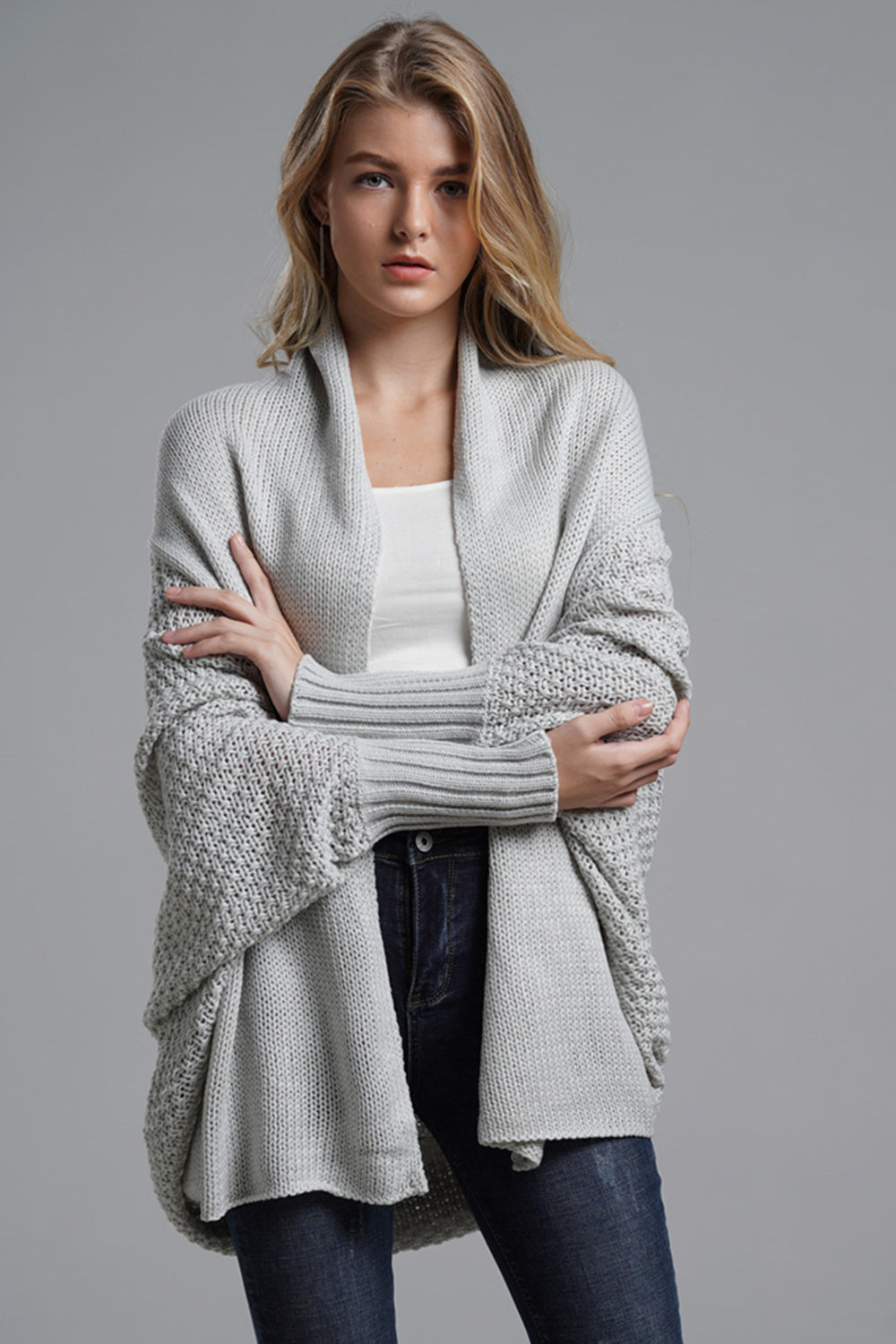 Open front batwing sleeve cardigan.