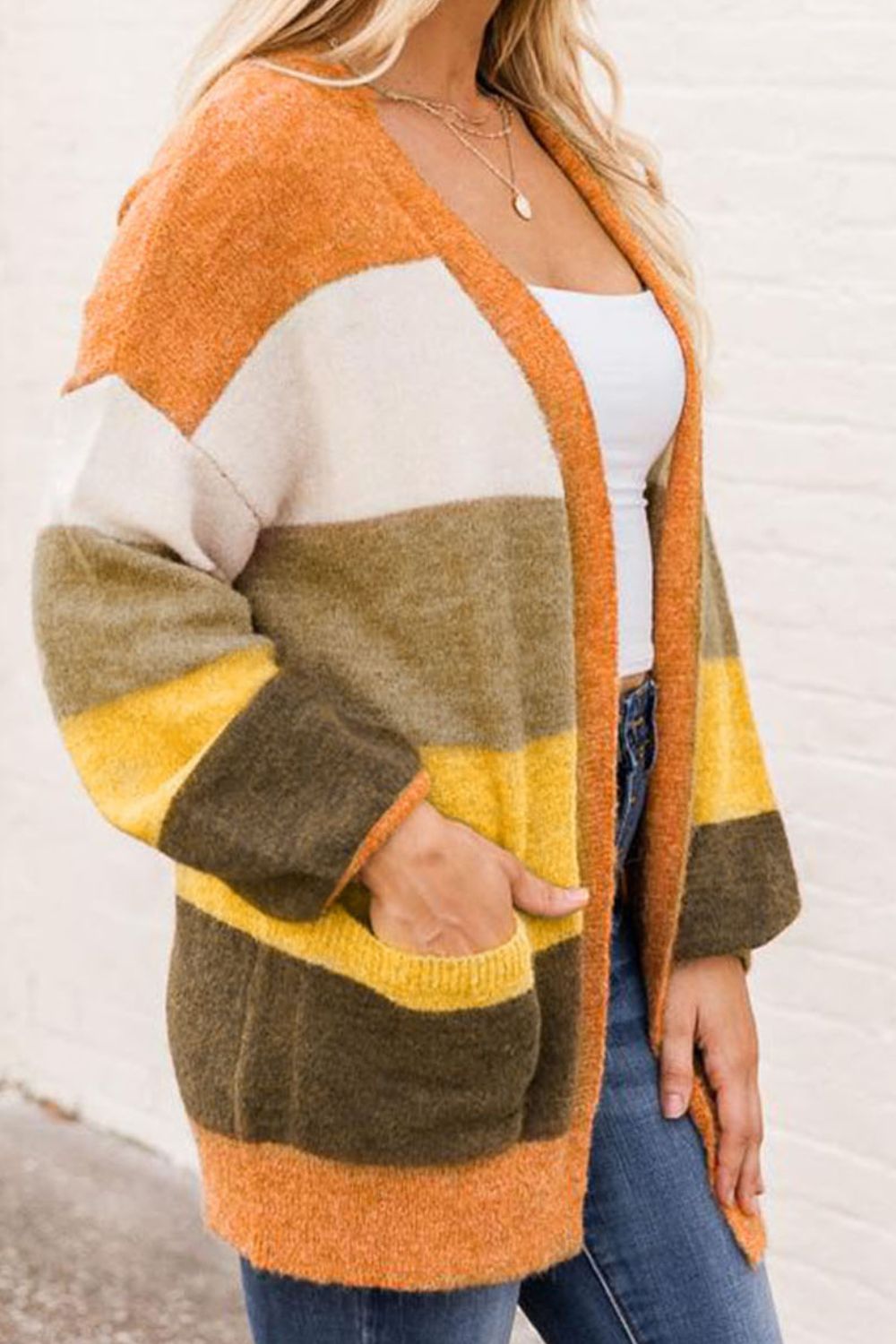 Color block open front cardigan.