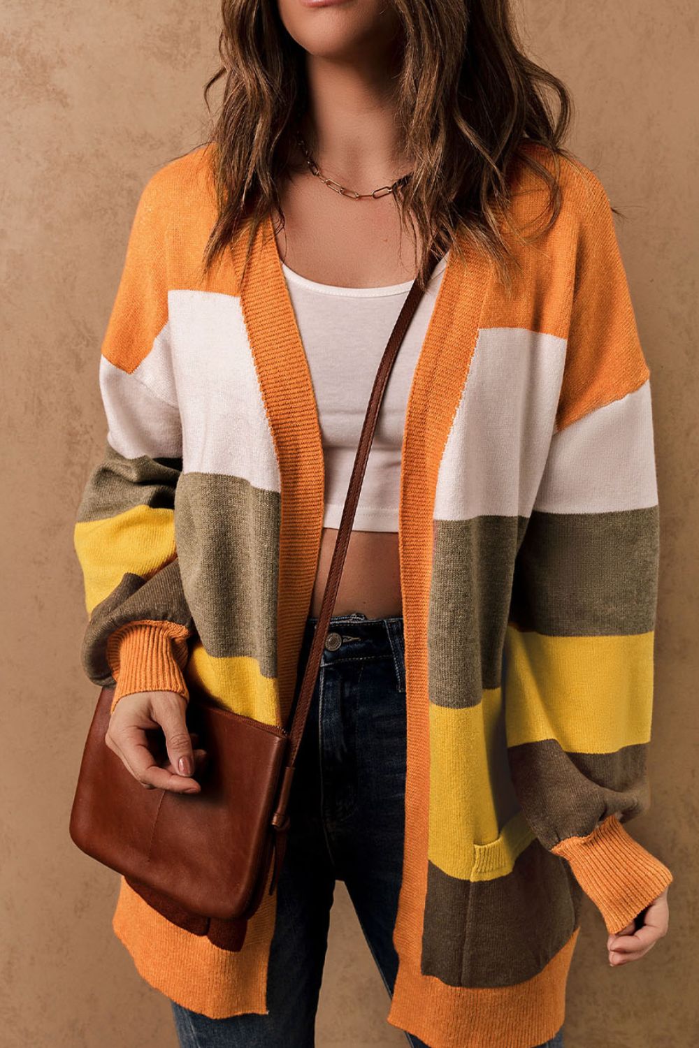 Color block open front cardigan.