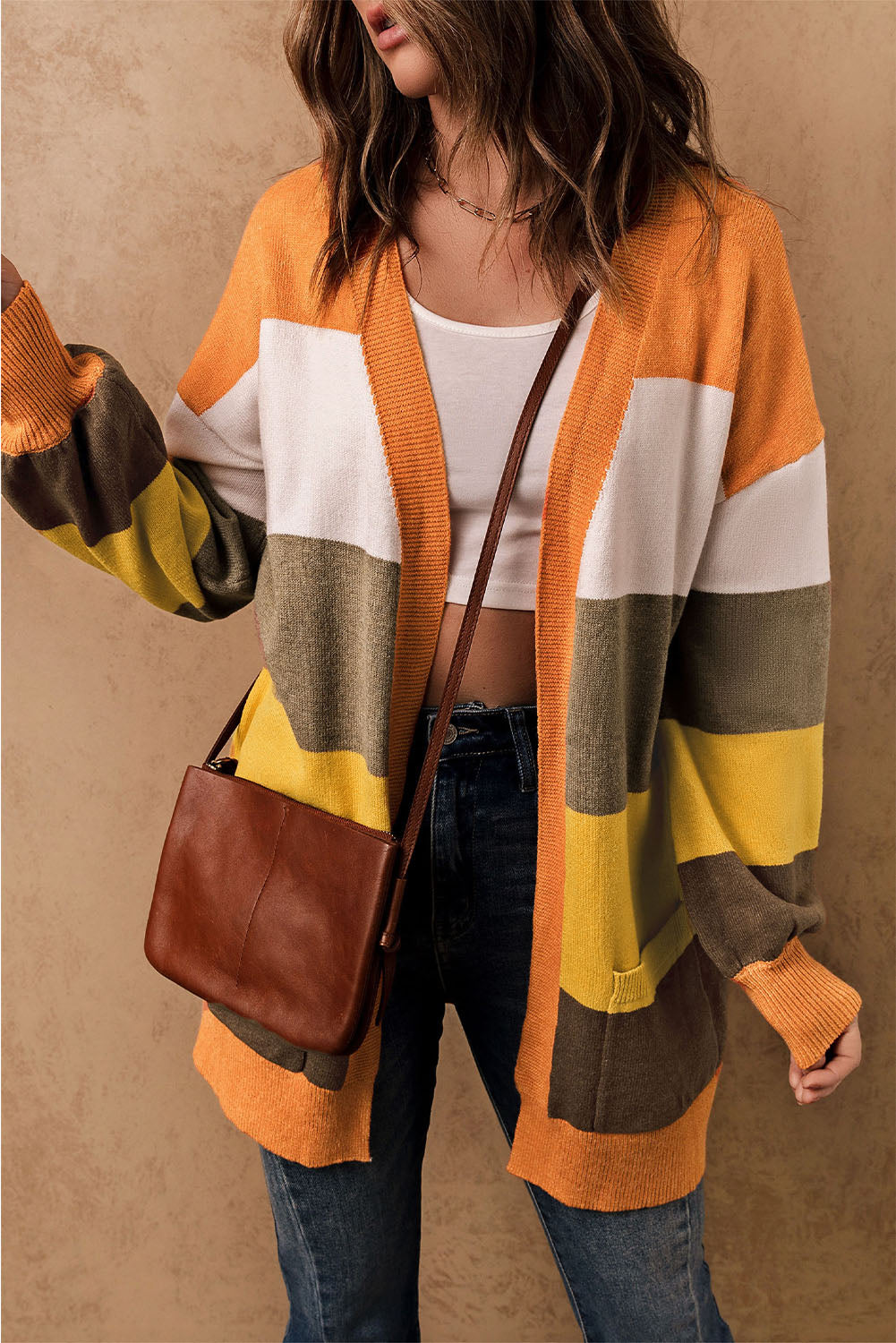 Color block open front cardigan.