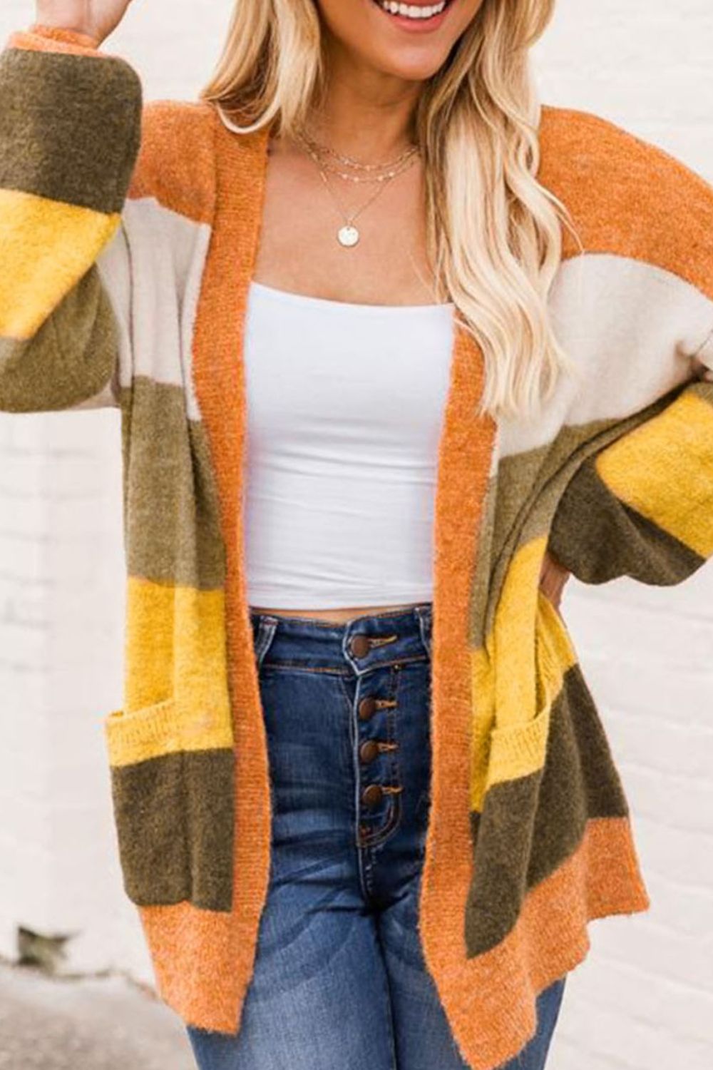 Color block open front cardigan.