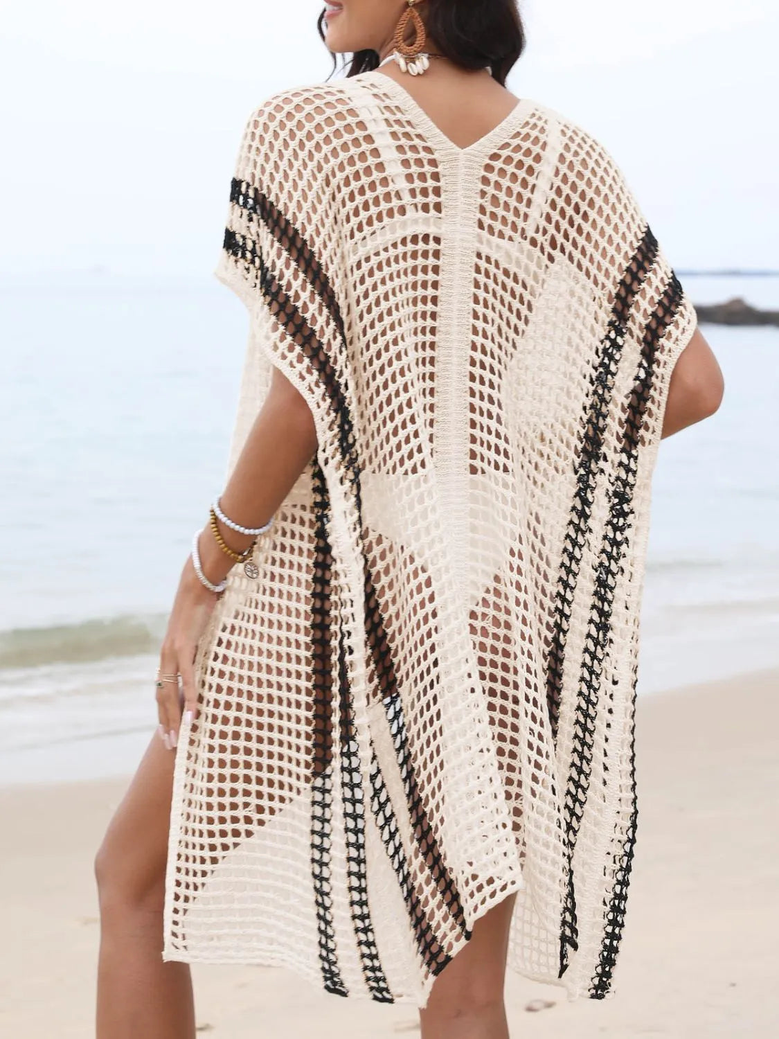 Open Front Contrast Openwork Cover-Up.