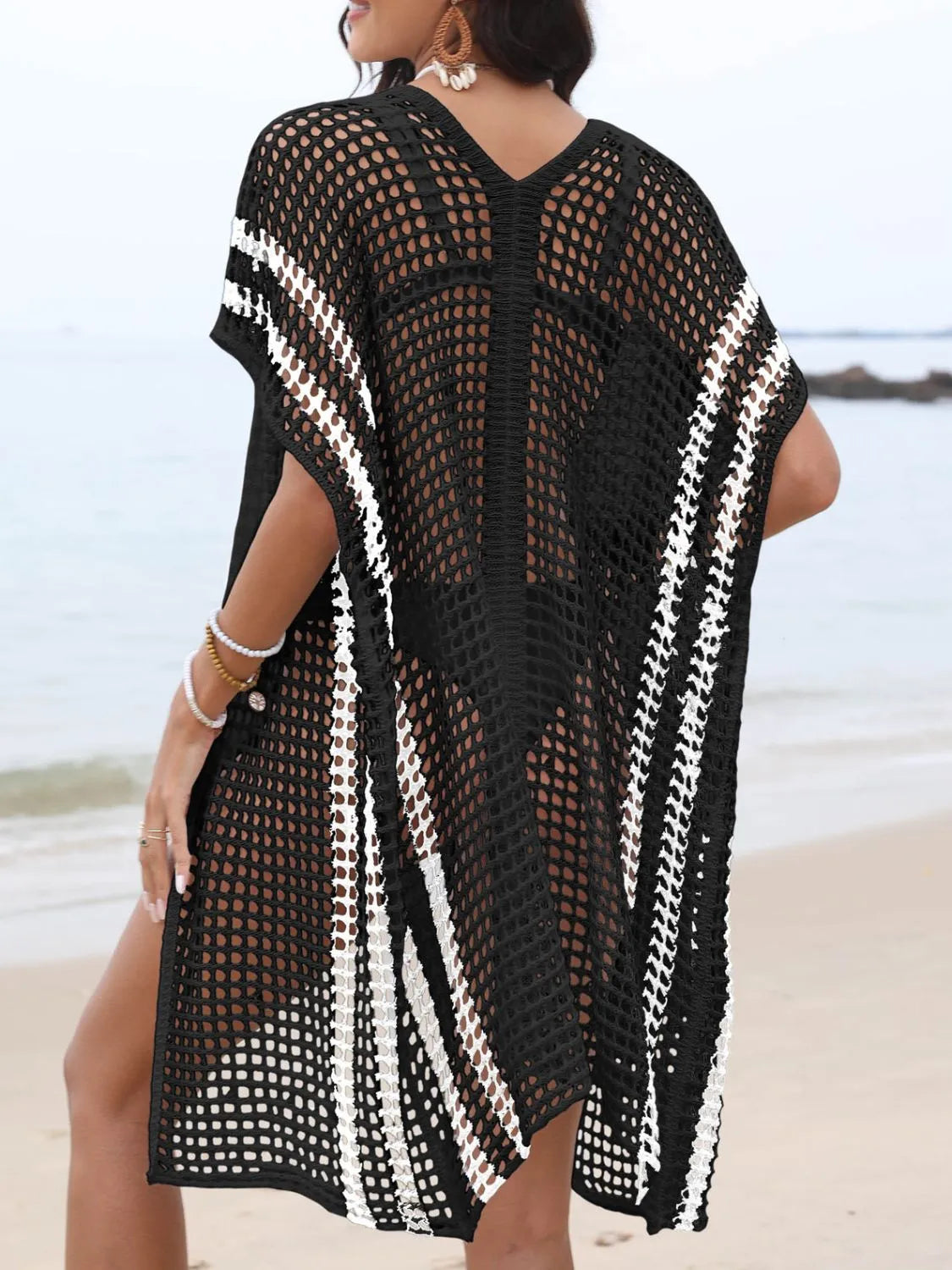 Open Front Contrast Openwork Cover-Up.