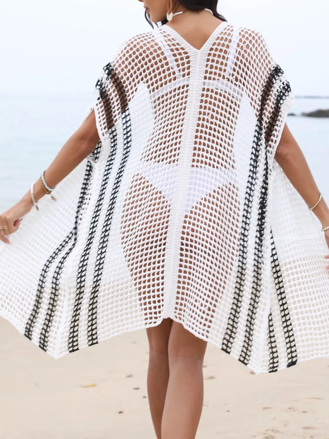 Open Front Contrast Openwork Cover-Up.