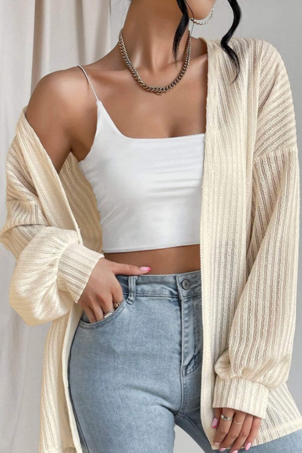 Open front long sleeve cardigan.
