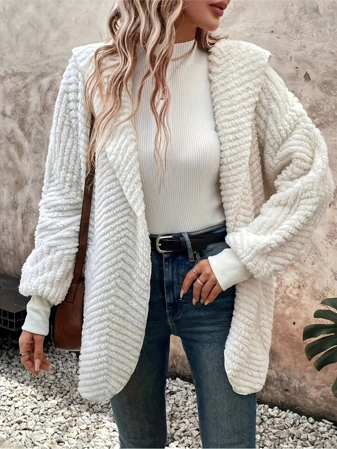 Open front long sleeve hooded fuzzy cardigan.