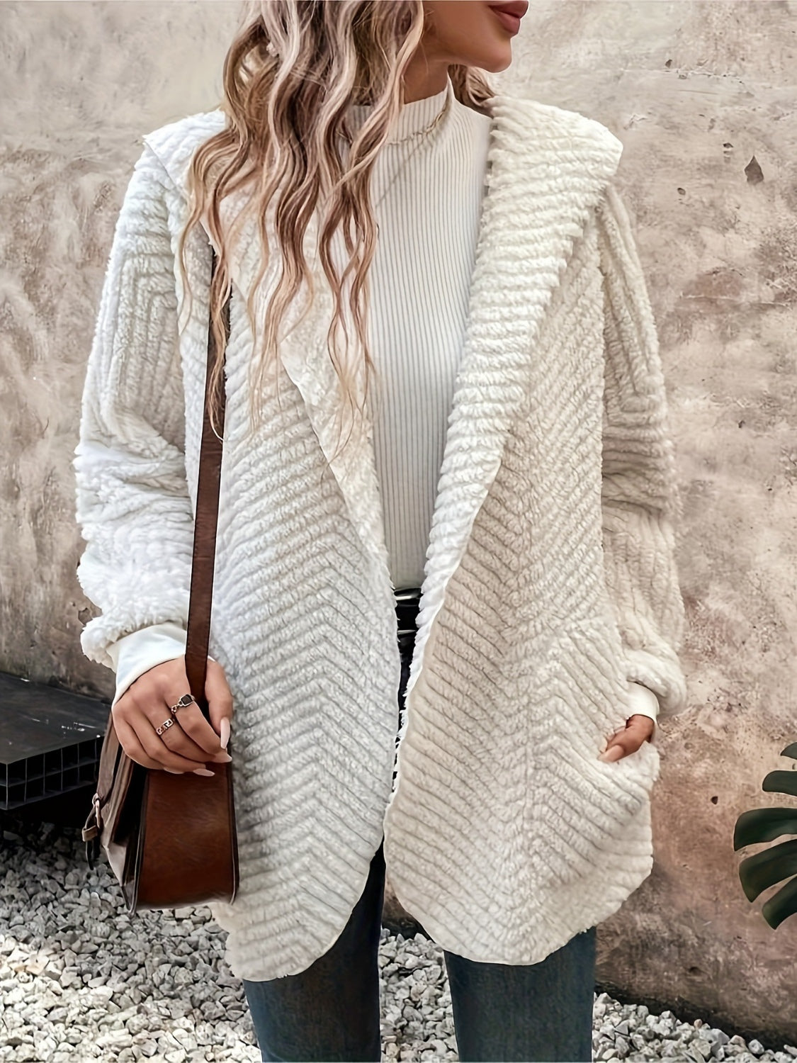 Open front long sleeve hooded fuzzy cardigan.