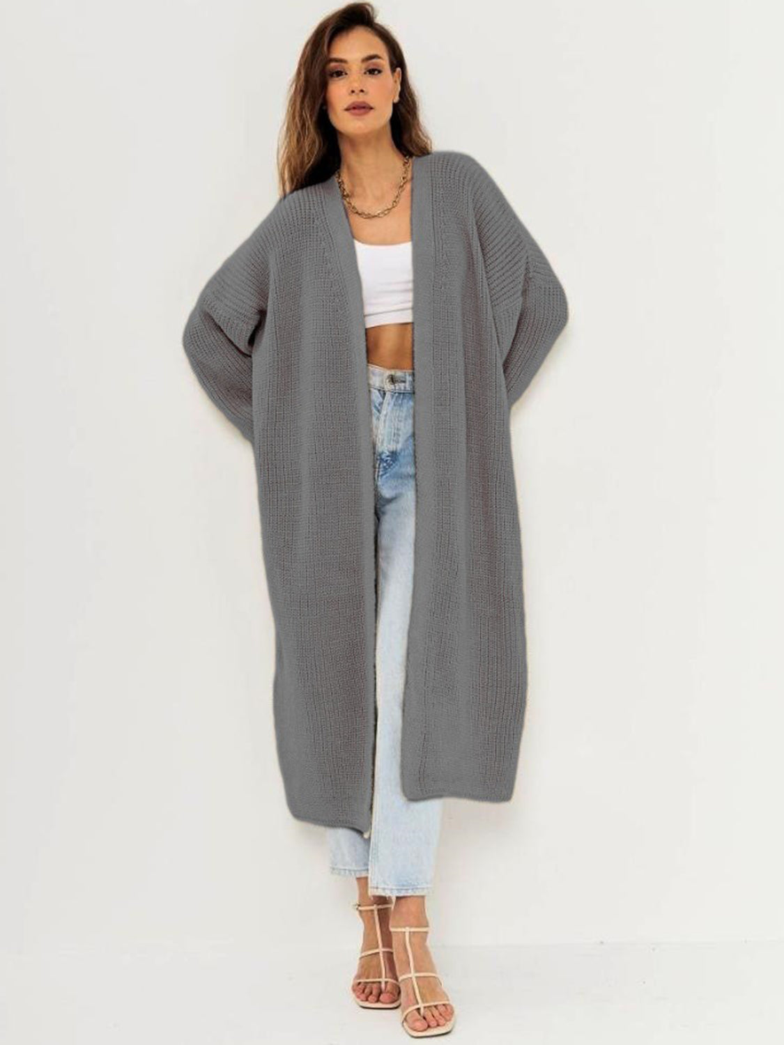 Open front long sleeve longline cardigan.