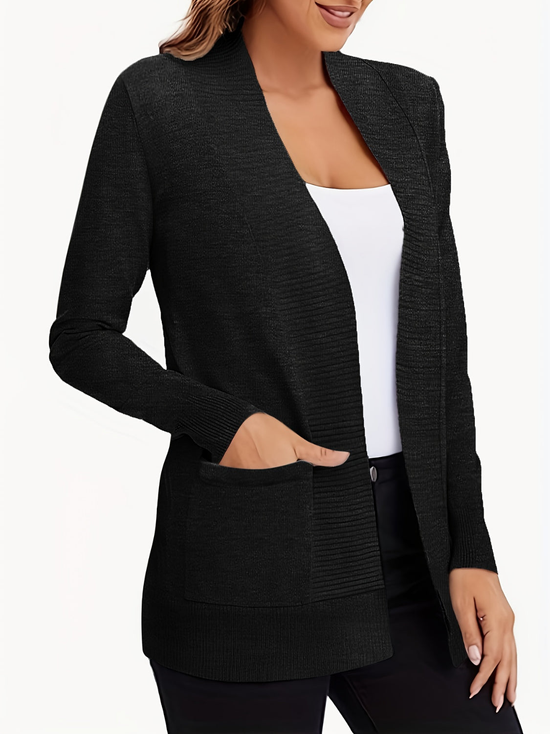 Open front long sleeve sweater cardigan with pockets.