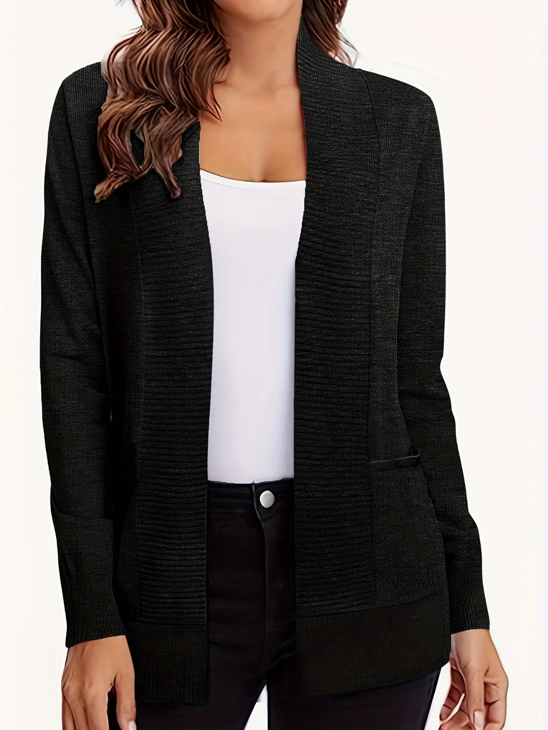 Open front long sleeve sweater cardigan with pockets.