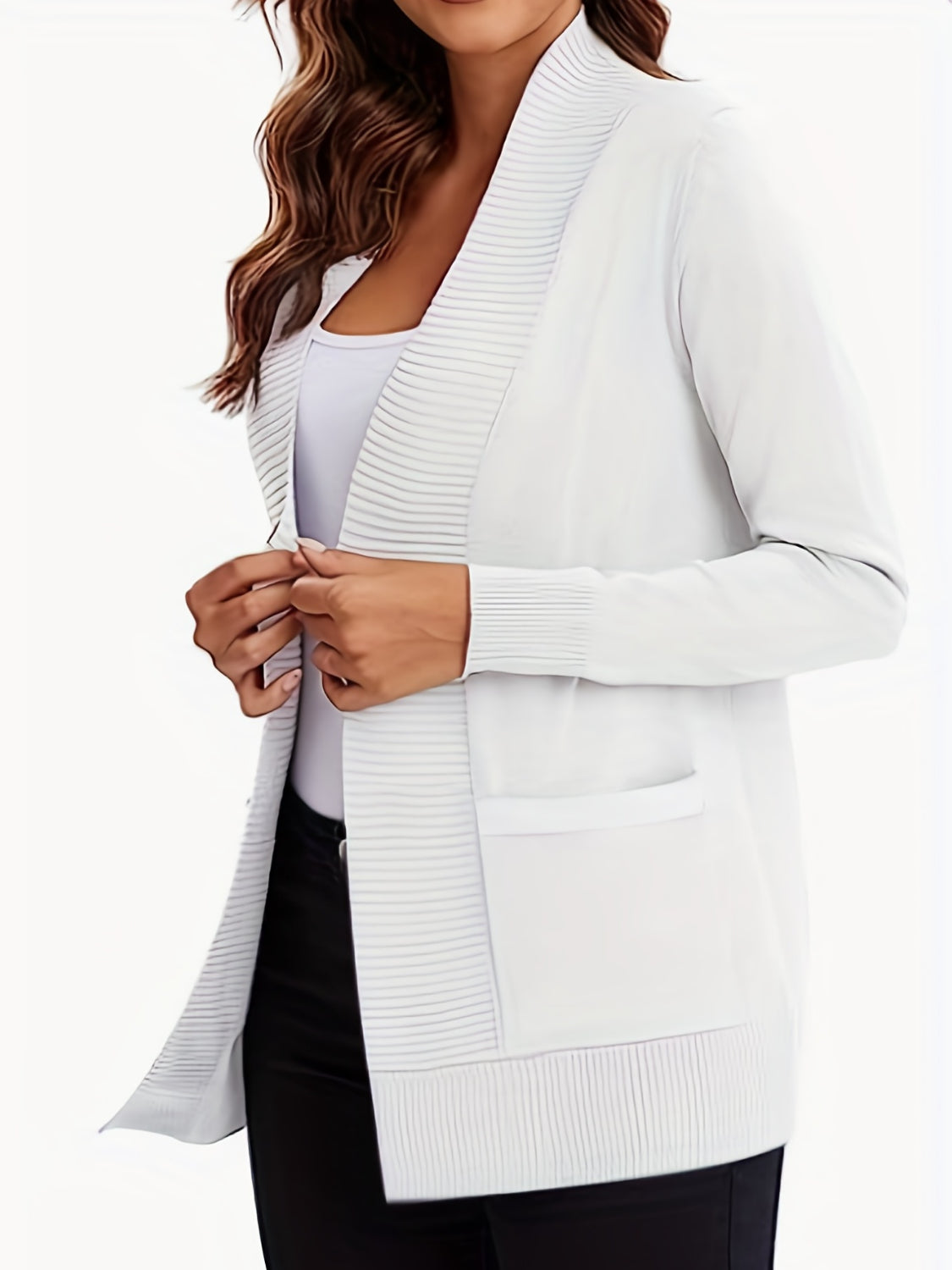 Open front long sleeve sweater cardigan with pockets.