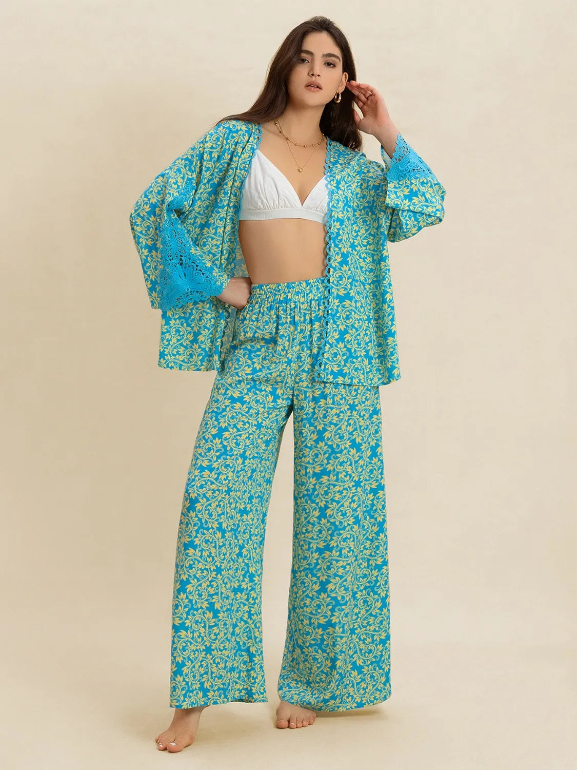 Open Front Printed Top and Pants Set.