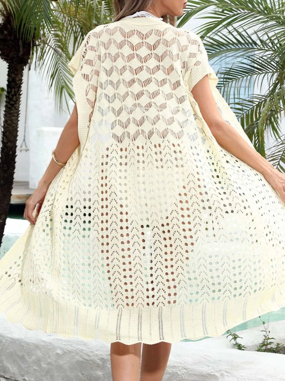 Open Front Short Sleeve Openwork Cover-Up with Ruffled Details.