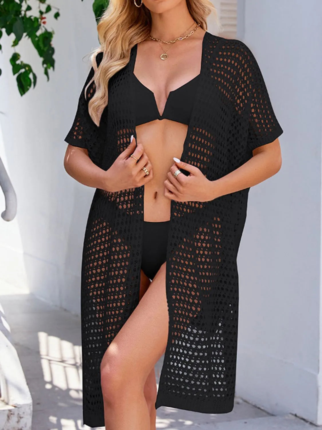 Open Front Tied Openwork Cover-Up with Slit.