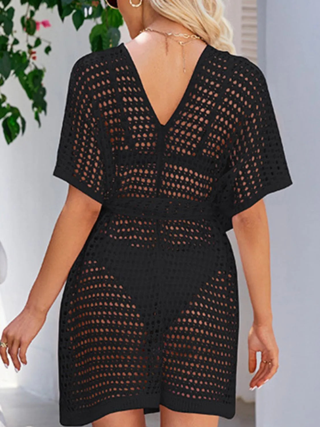 Open Front Tied Openwork Cover-Up with Slit.