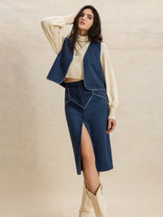 Open Front Vest and Buttoned Skirt Set.