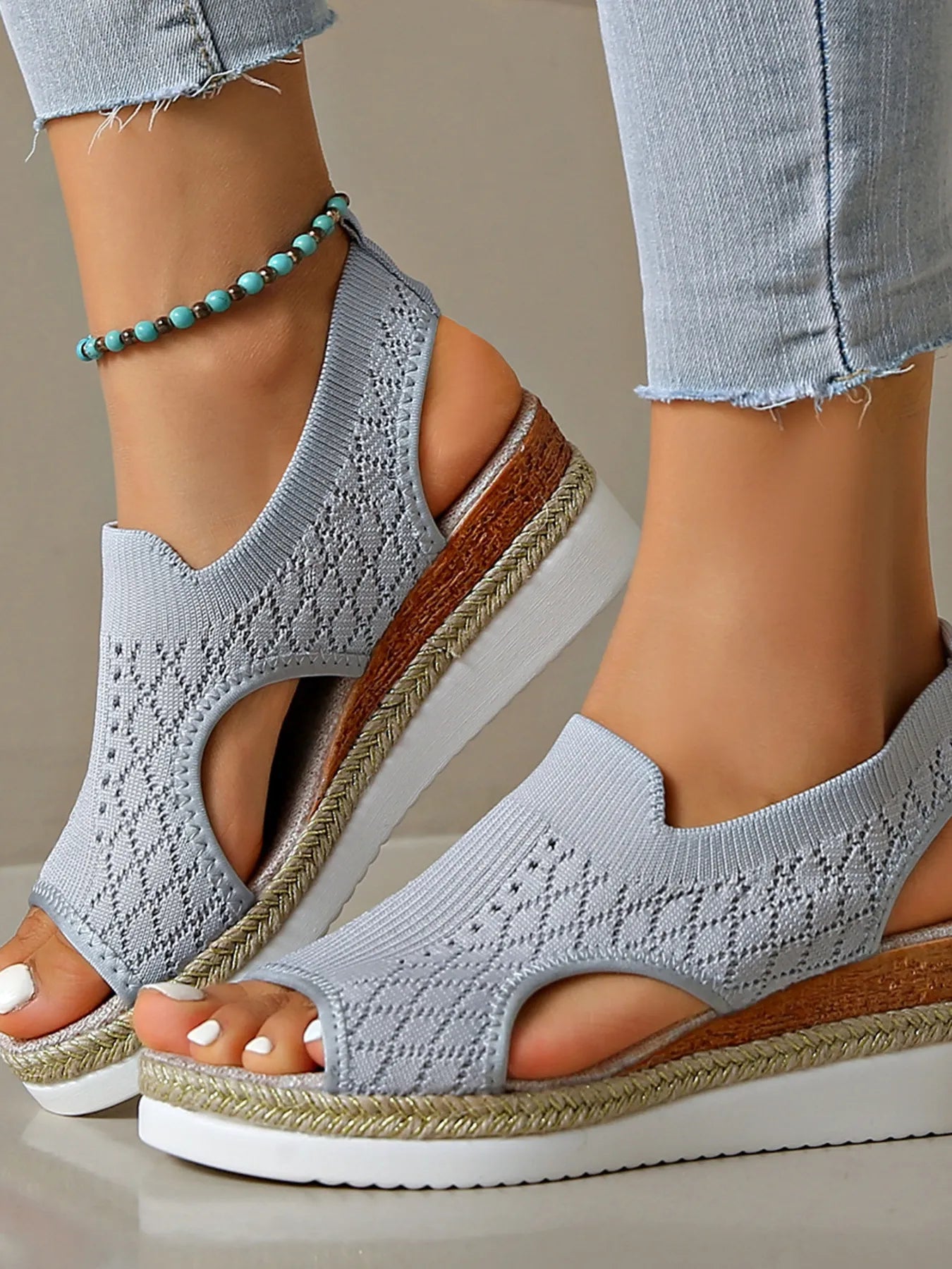 Mesh and PU leather open toe mid-heel platform wedge sandals.