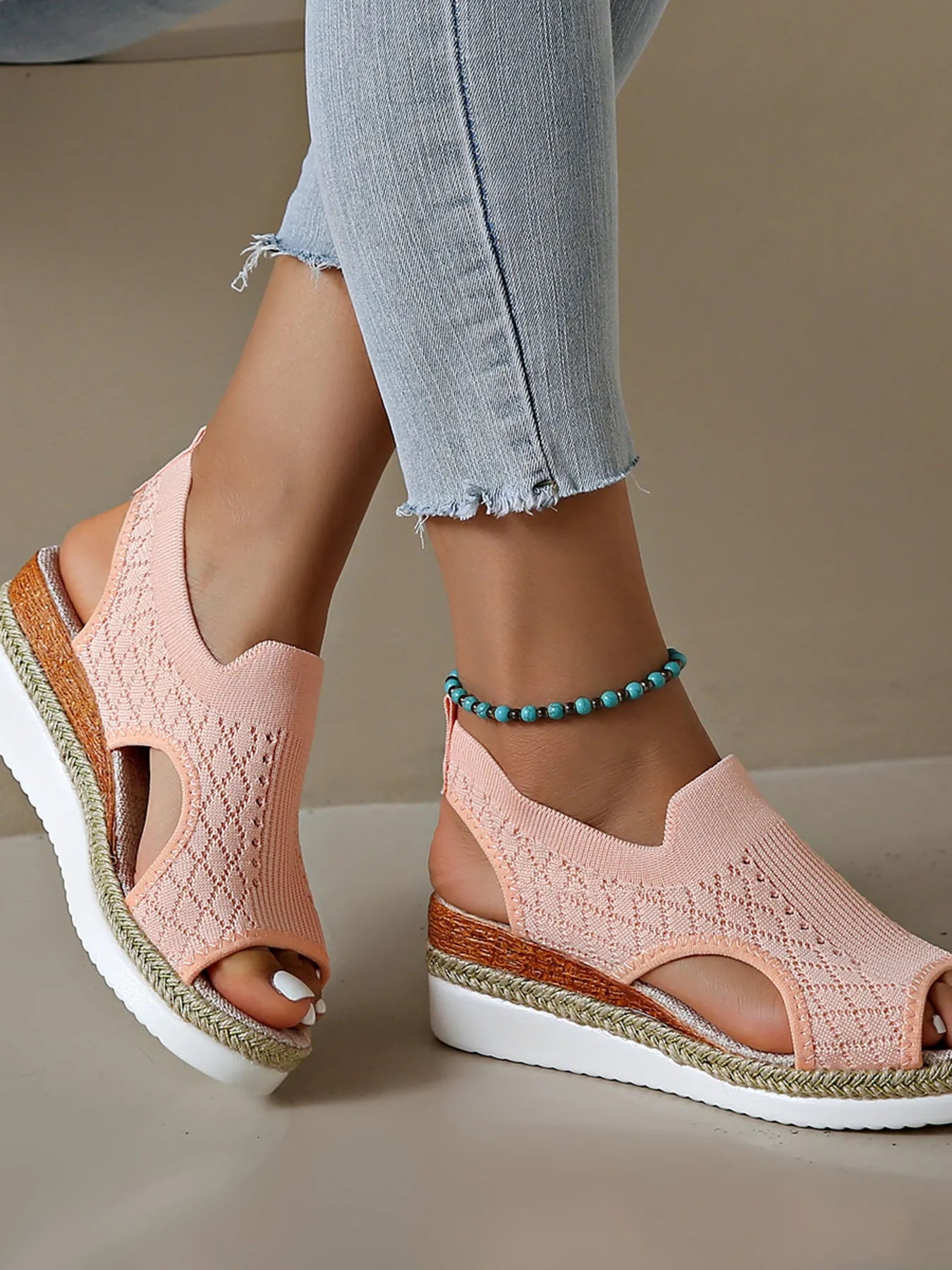 Mesh and PU leather open toe mid-heel platform wedge sandals.