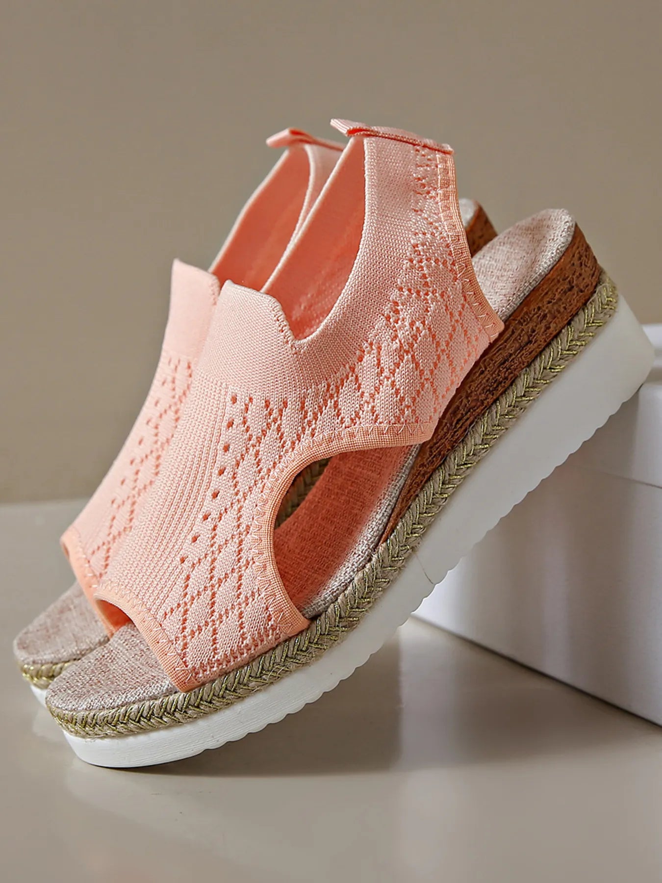 Mesh and PU leather open toe mid-heel platform wedge sandals.