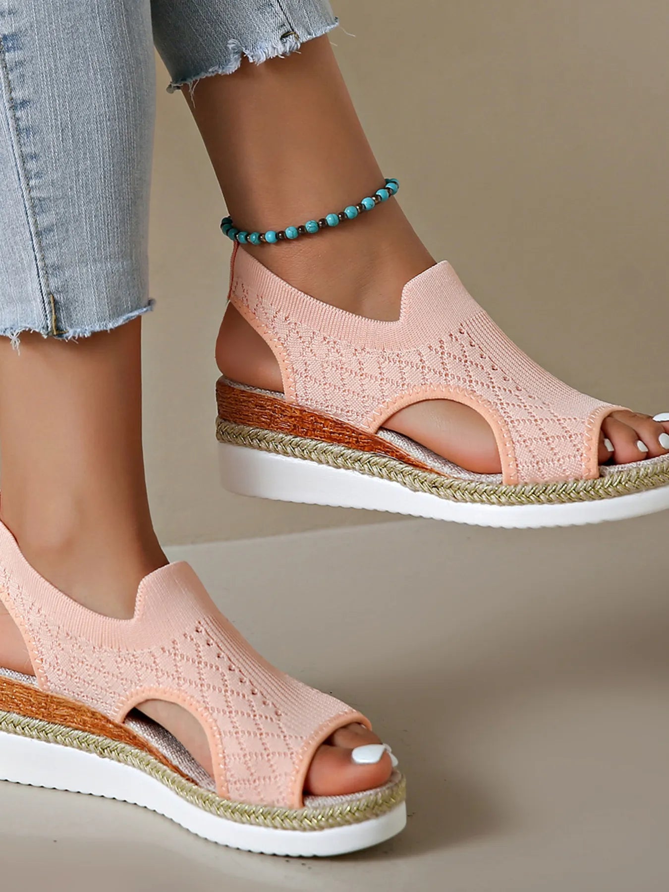 Mesh and PU leather open toe mid-heel platform wedge sandals.