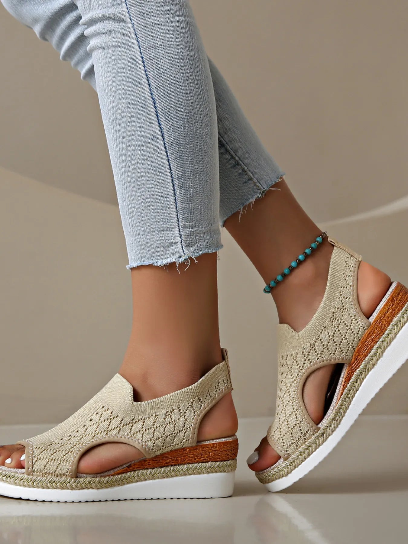 Mesh and PU leather open toe mid-heel platform wedge sandals.