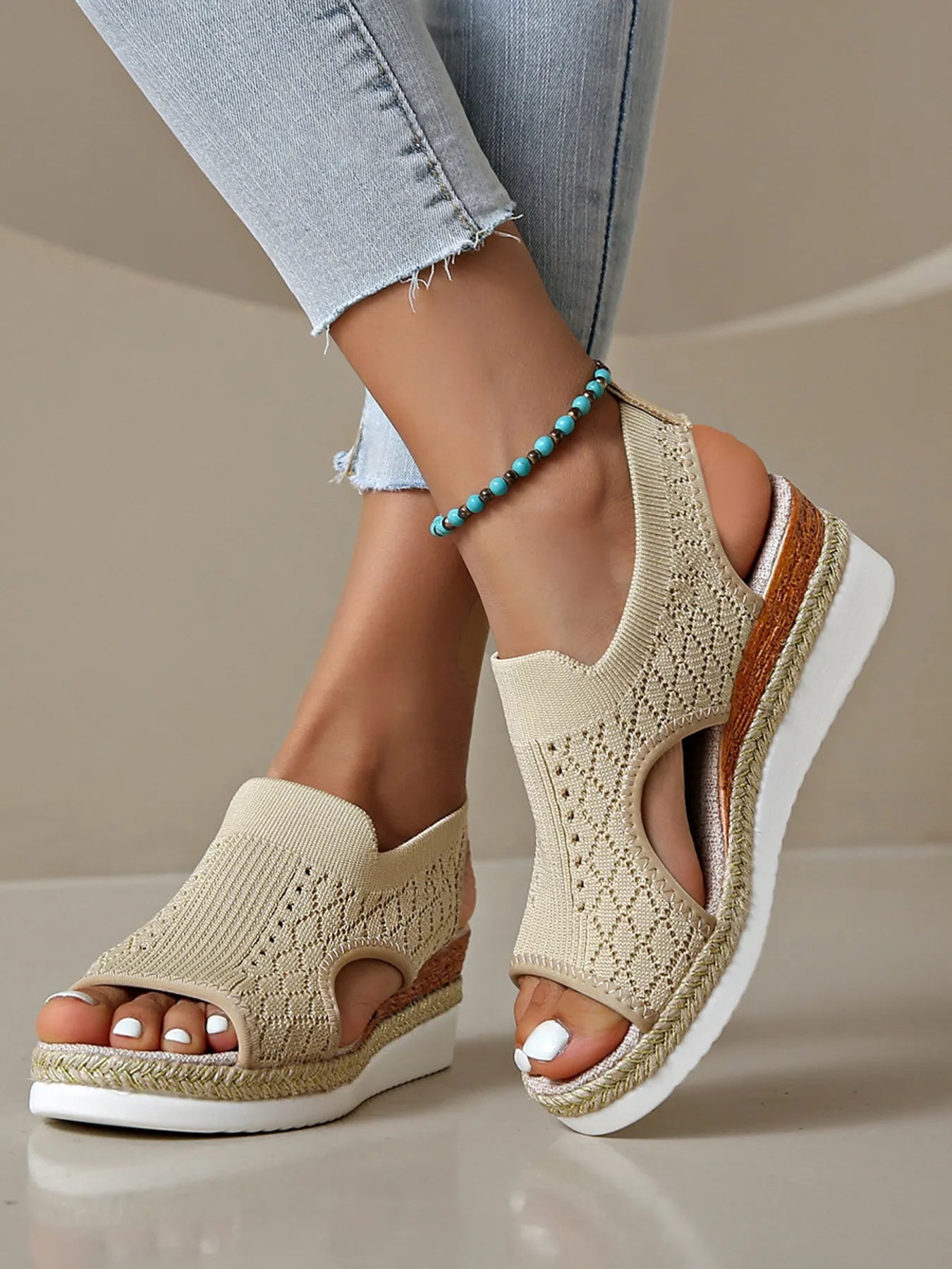 Mesh and PU leather open toe mid-heel platform wedge sandals.