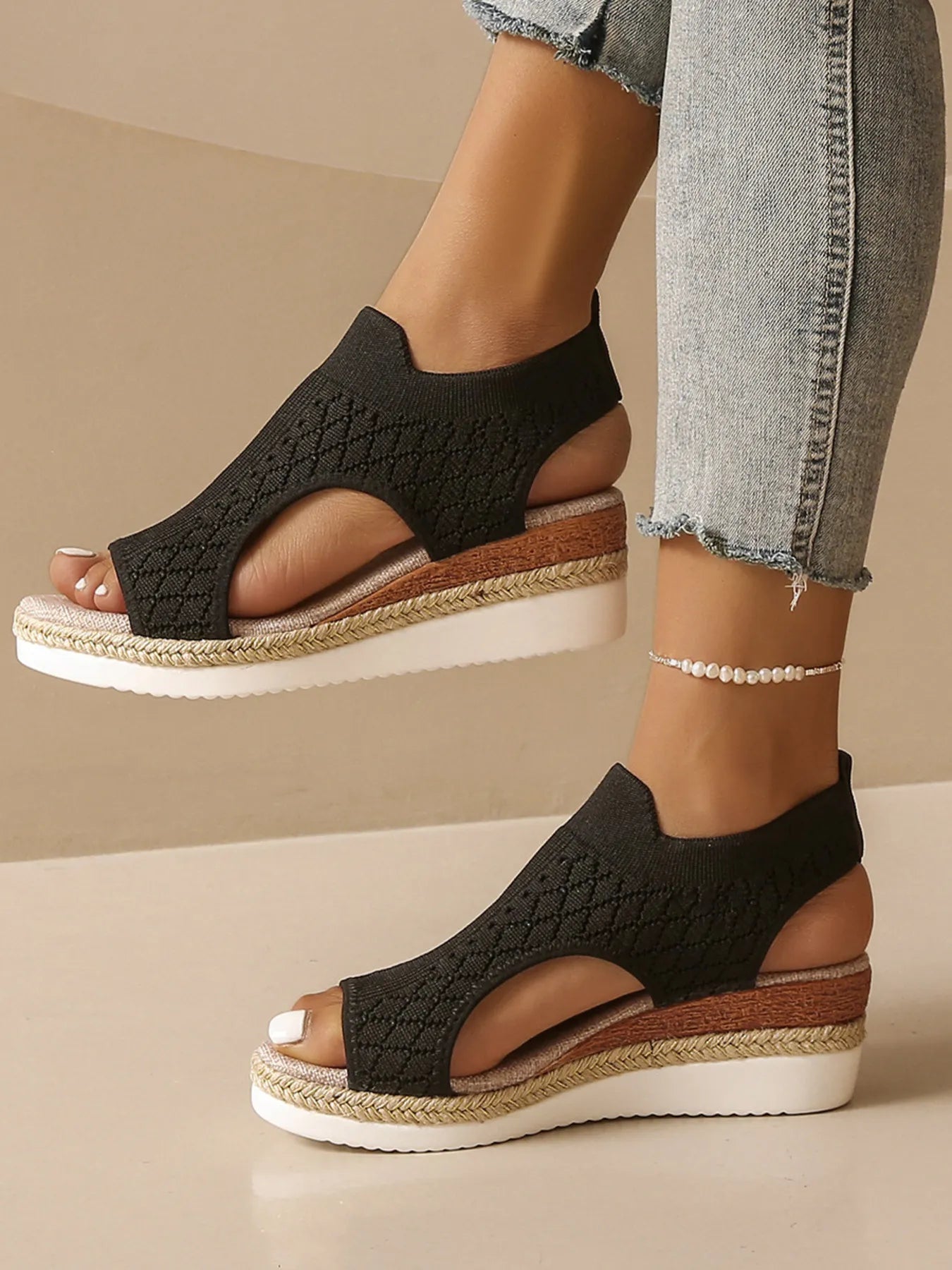 Mesh and PU leather open toe mid-heel platform wedge sandals.