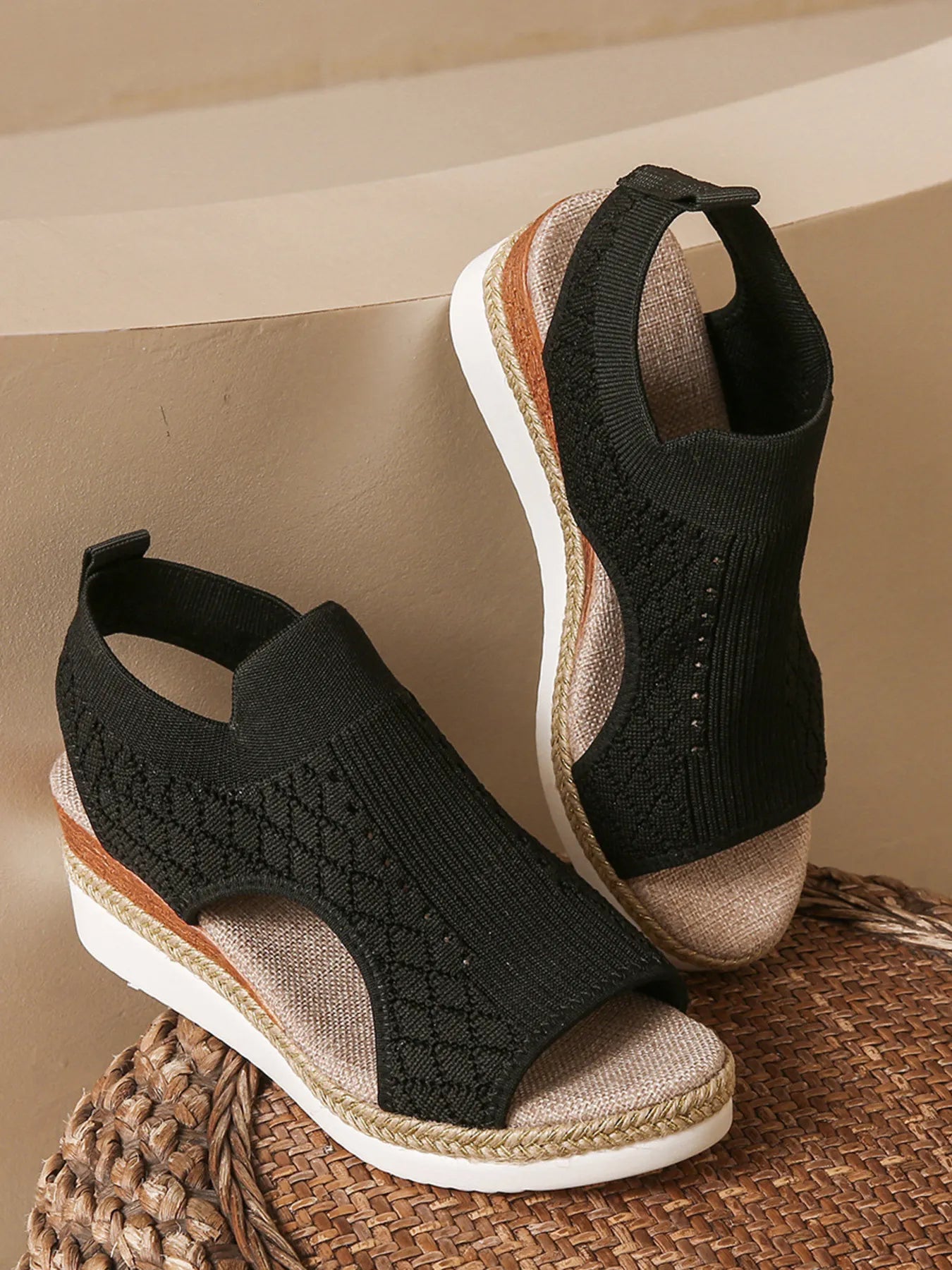 Mesh and PU leather open toe mid-heel platform wedge sandals.