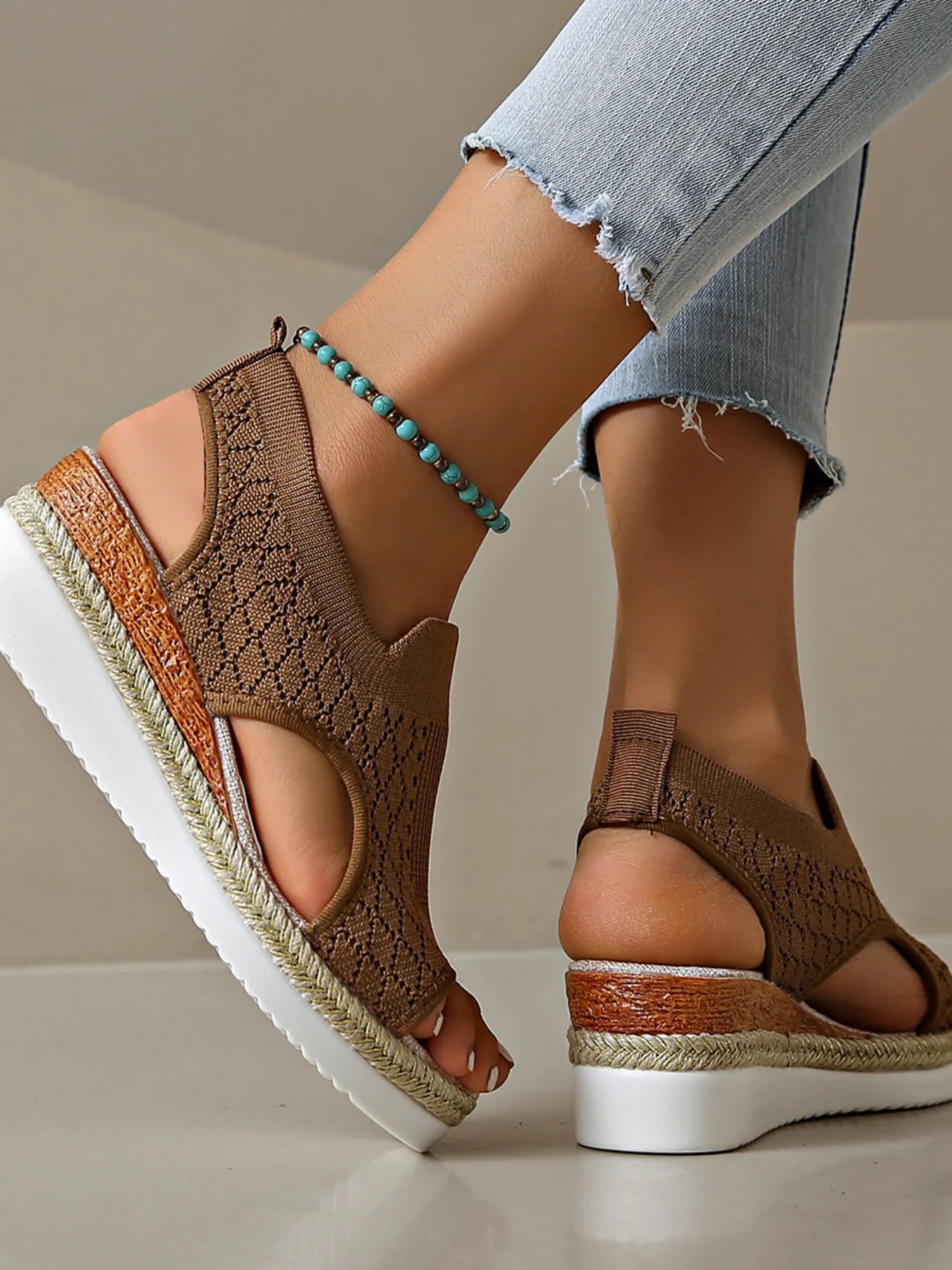 Mesh and PU leather open toe mid-heel platform wedge sandals.