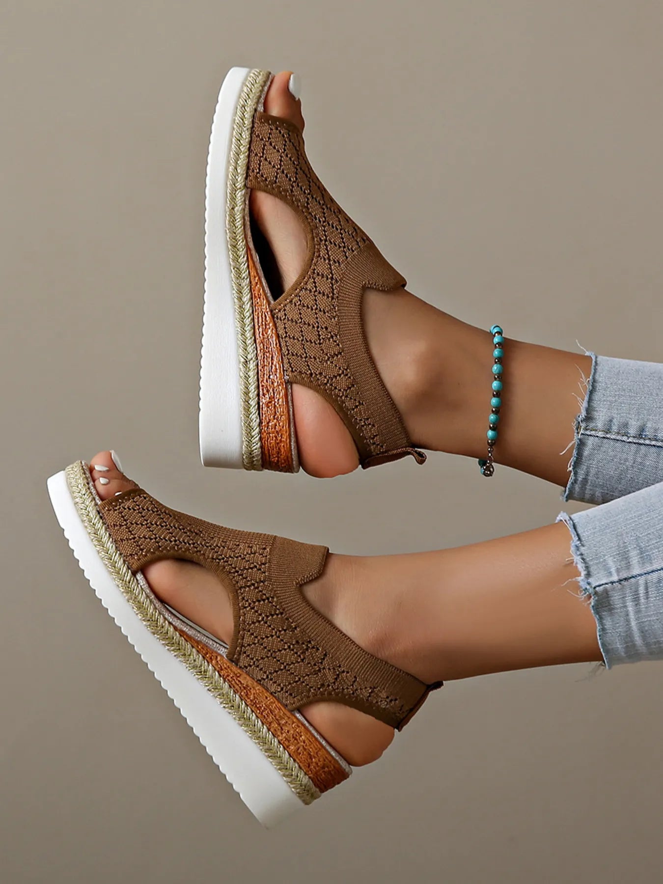 Mesh and PU leather open toe mid-heel platform wedge sandals.
