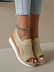 Mesh and PU leather open toe mid-heel platform wedge sandals.