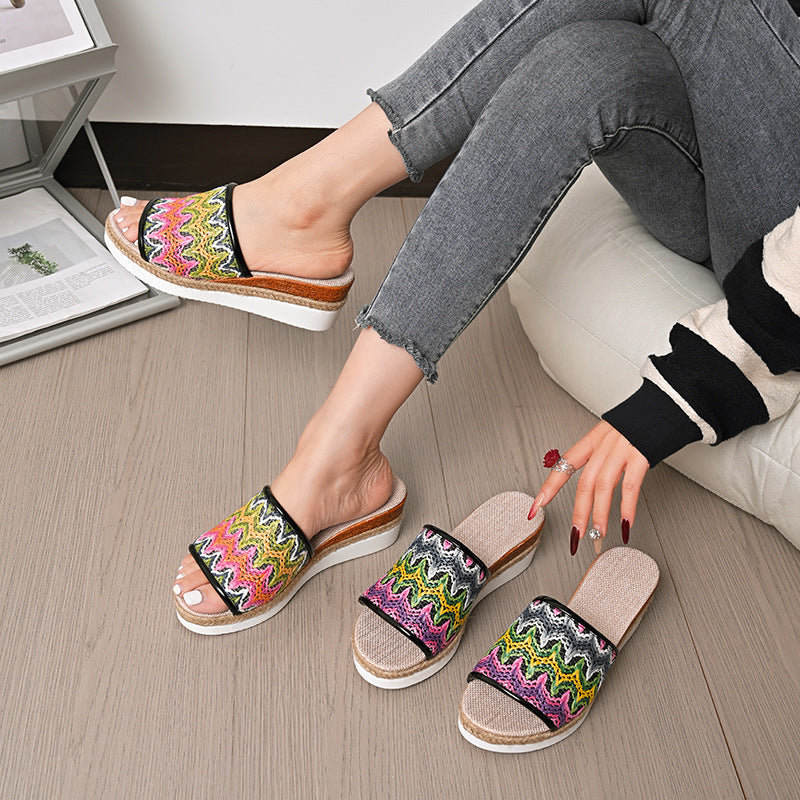 Open Toe Straw Braided Wedge Sandals