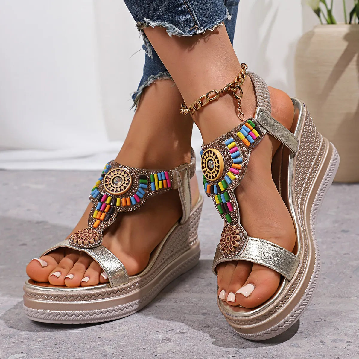 Open toe mid-heel wedge sandals.