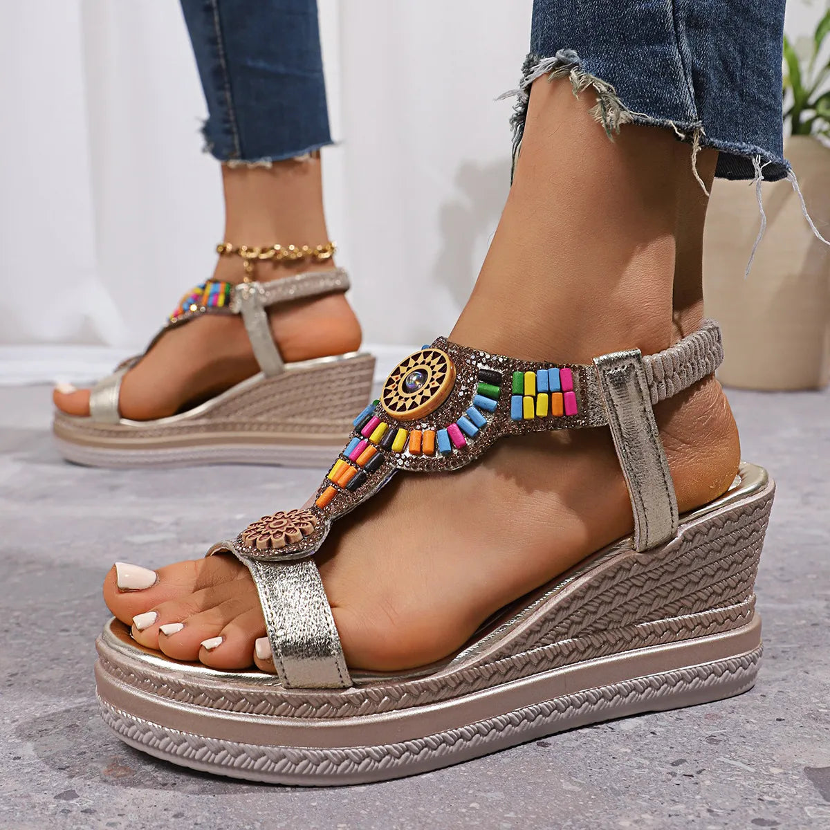 Open toe mid-heel wedge sandals.