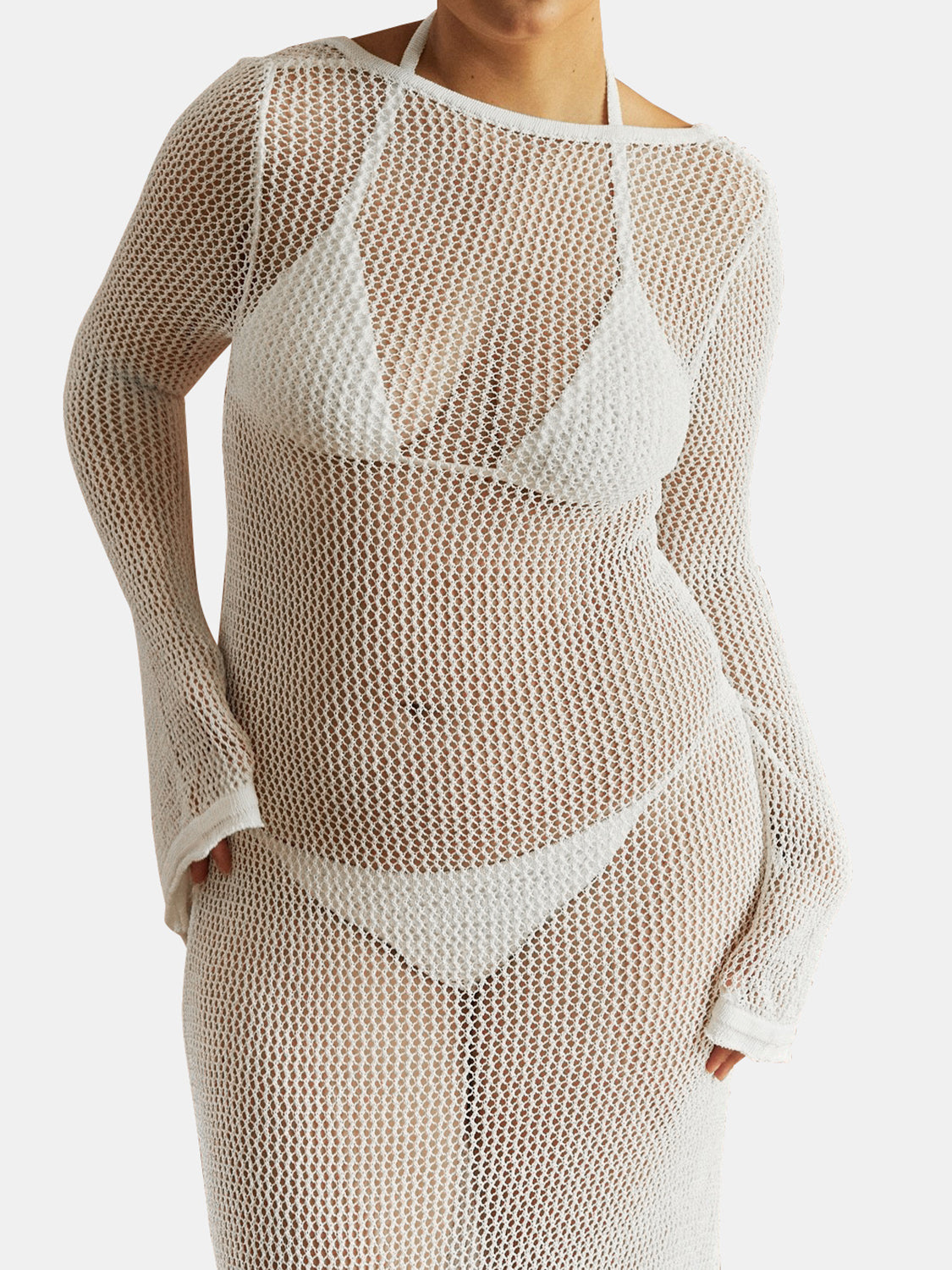 Openwork Backless Flare Sleeve Cover-Up Dress.