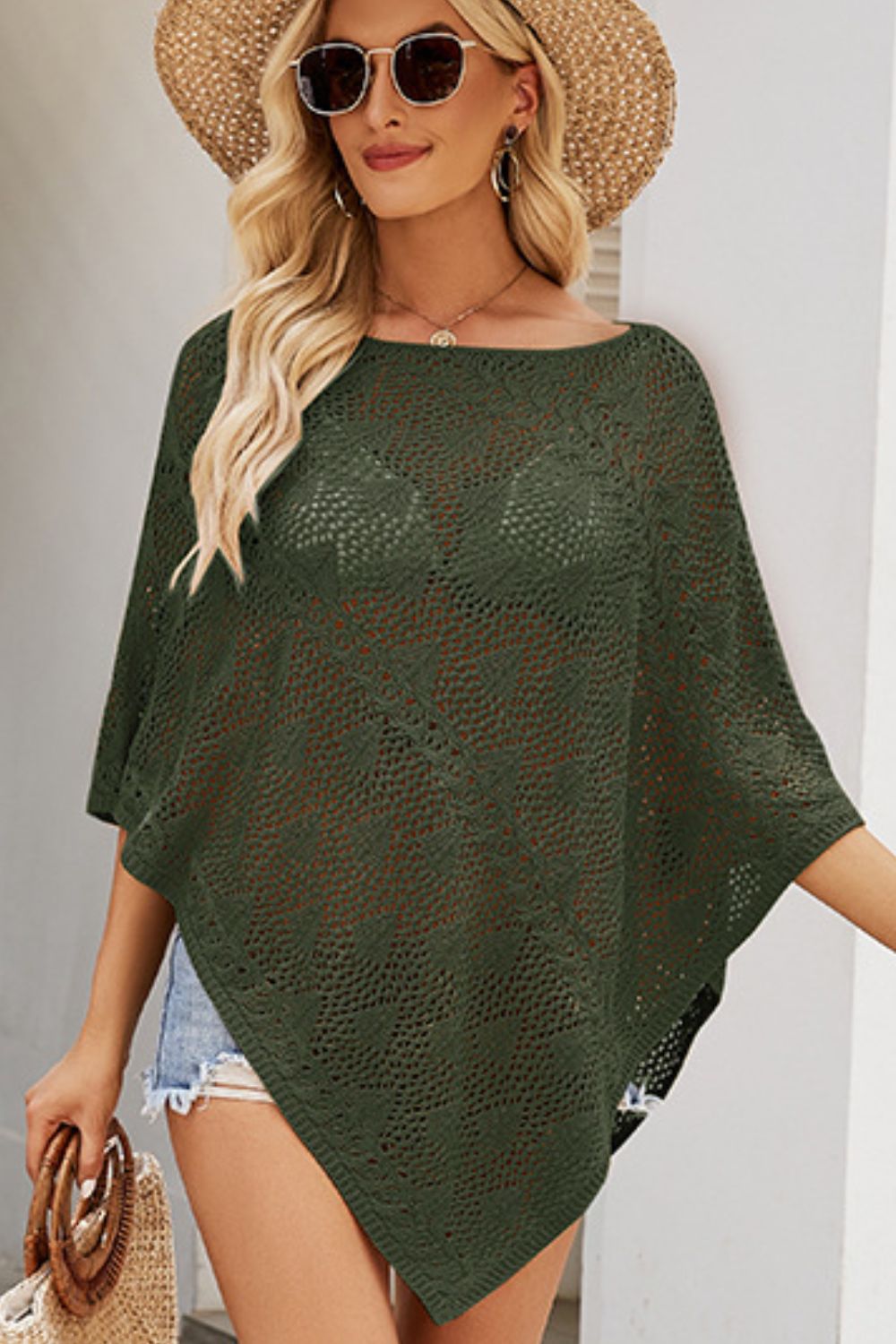 Openwork Boat Neck Shawl Cover Up.